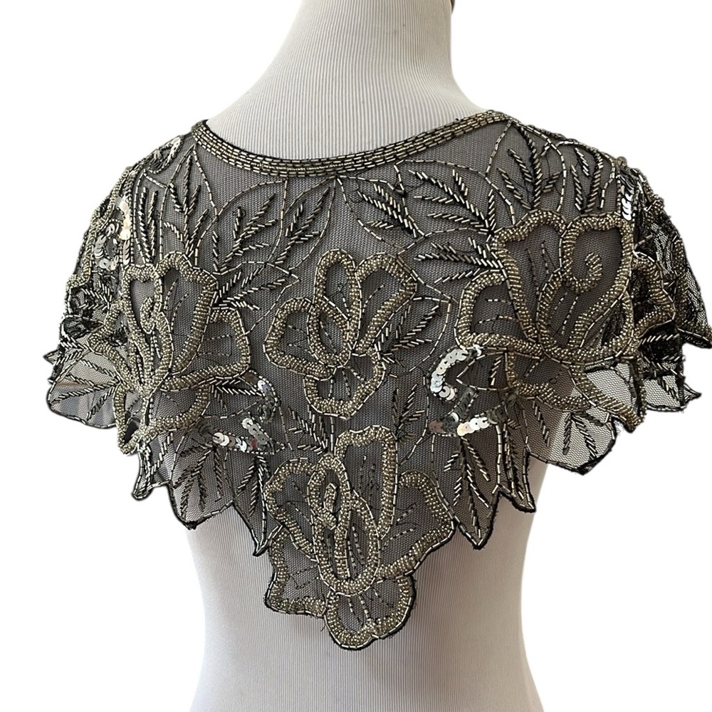 VINTAGE BEADED AND SEQUINED FLORAL MESH FLAPPER GIRL SHAWL BLACK MULTI